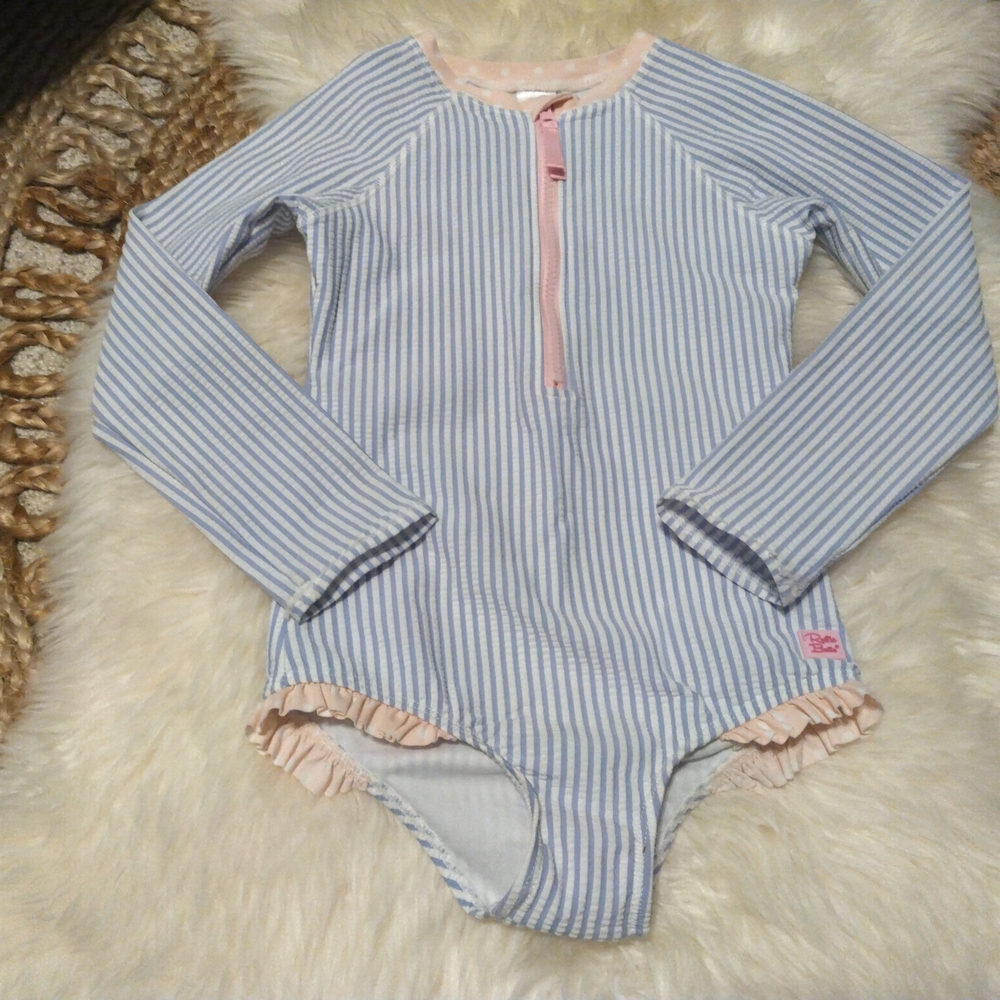 RuffleButts Periwinkle Blue Seersucker Swimsuit Size 7